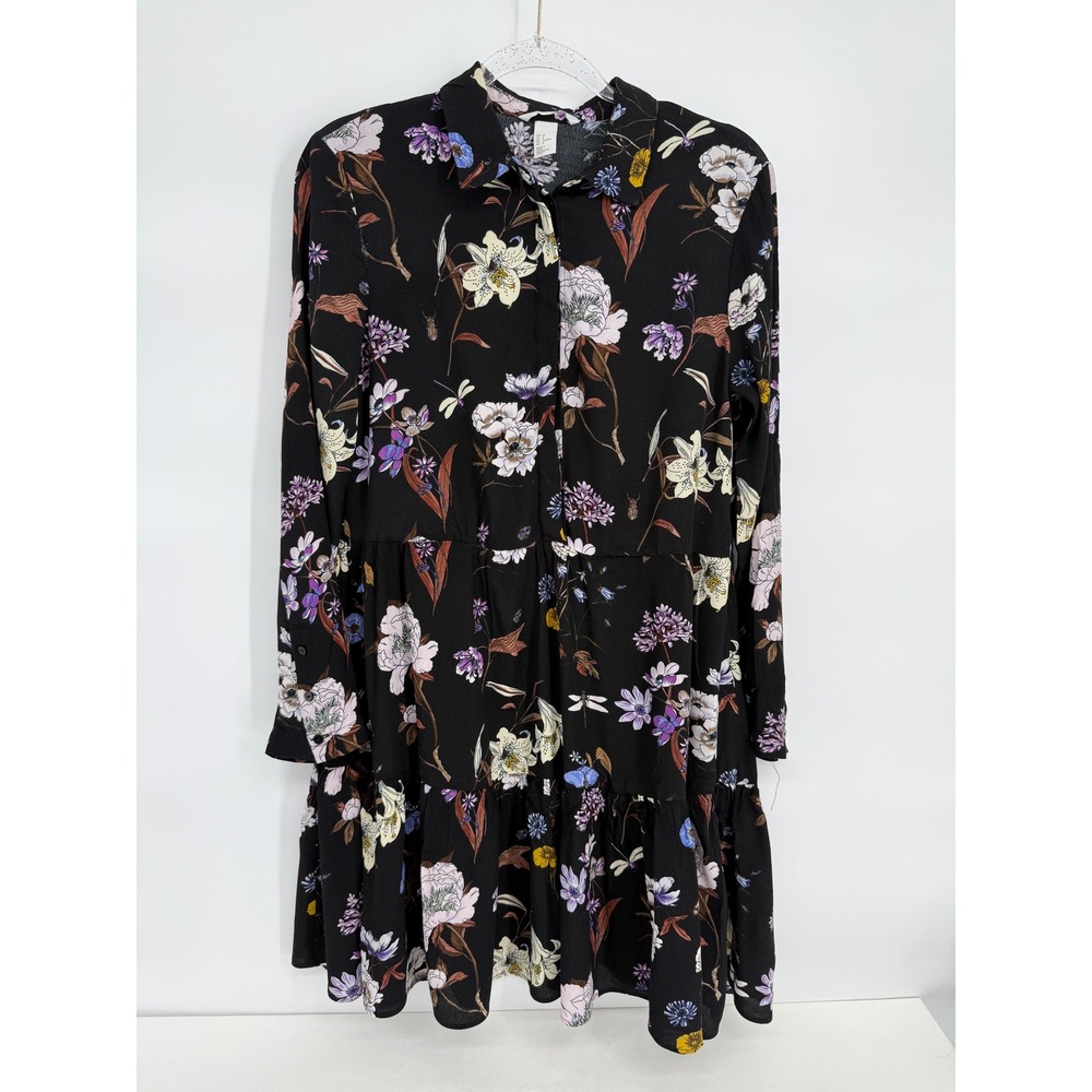 H&M Black Floral Dragonfly Beetle Tiered Mini Shirt Dress Long Sleeve Sz 8